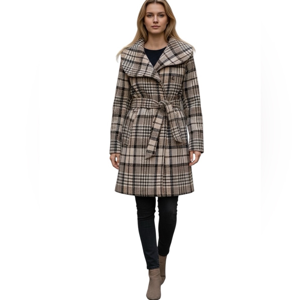 Soia & Kyo Wool Plaid Belted Fall Coat Oversized Asymmetrical Collar Canadian M